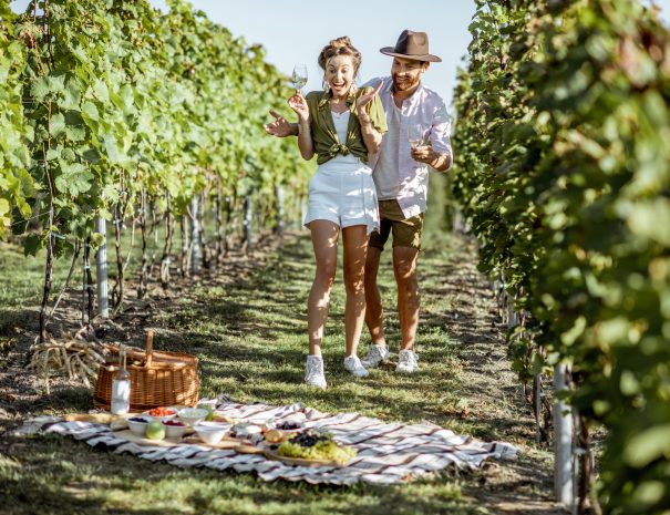 Couple having romantic picnic on the vineyard
